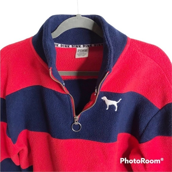 Victoria’s Secret PINK polar fleece red and blue striped quarter zip sweater - Picture 4 of 6